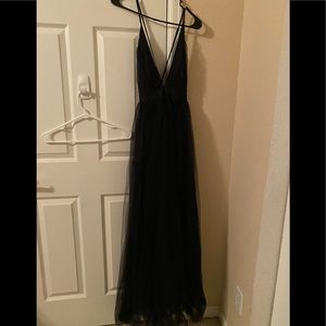 Plunging neck mesh overlay maxi dress